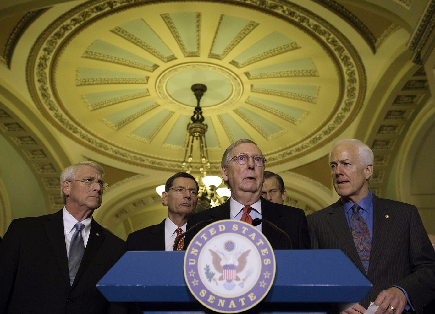 Senate Majority Leader Mitch McConnell, R-Ky. addresses the media Tuesday in the U.S. Capitol in Washington. From left are Sen. Roger Wicker, R-Miss., Sen. John Barrasso, R-Wyo., Sen.