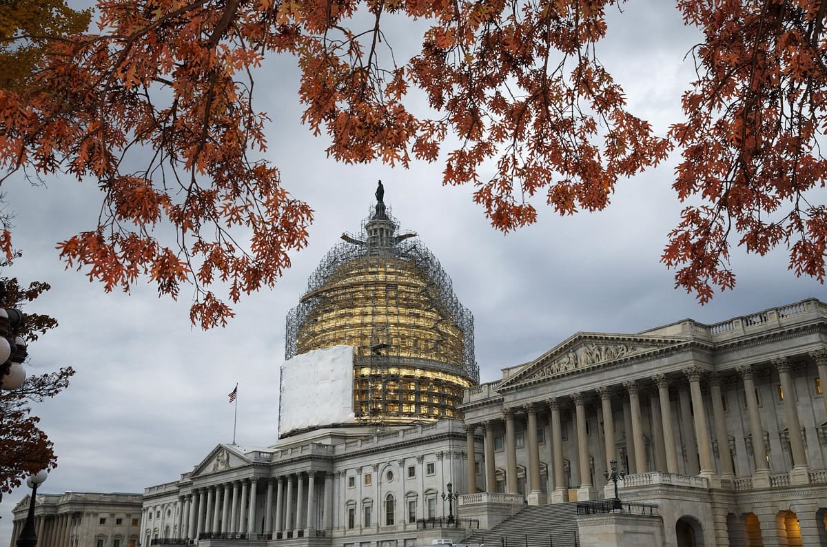 The U.S. Capitol Dome, in Washington, surrounded by scaffolding in mid-November for a long-term repair project, and framed by the last of autumn's colorful leaves.