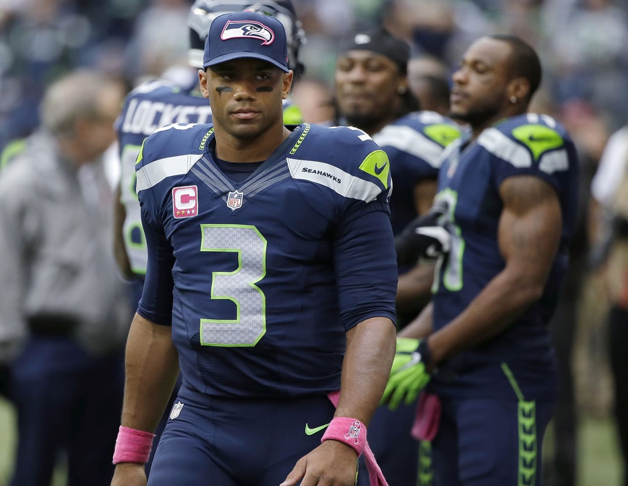 Seattle Seahawks quarterback Russell Wilson shows frustration on his face late in the second half Sunday as the Seahawks went on to lose to the Dallas Cowboys 30-23.