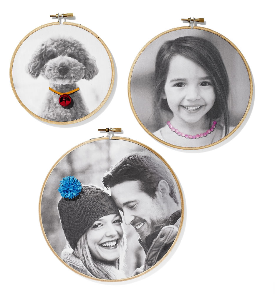 HGTV Magazine shows an easy do-it-yourself photo transfer holiday gift idea from the December 2014 pages of HGTV Magazine. Embellishments such as bells, beads or pom-poms add a personal touch.