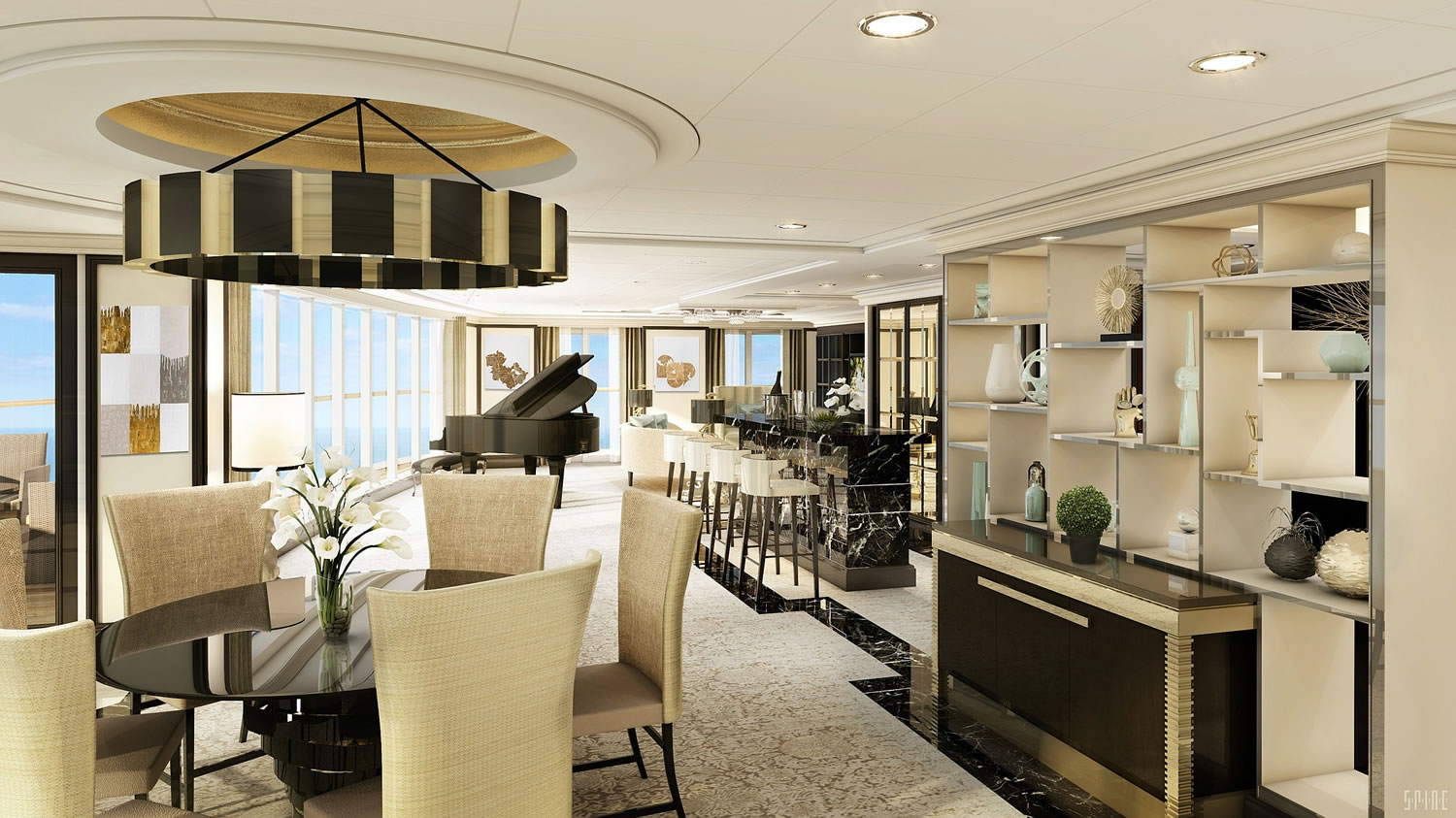 This photo of a rendering provided by Regent Seven Seas Cruises depicts the living room from a one-of-a-kind luxury suite on the cruise line?s forthcoming ship, the Seven Seas Explorer, which is expected to debut in the summer of 2016. The suite, which includes a grand piano, is being billed as one of the largest and most expensive suites ever offered at sea: 3,875 square feet and  $5,000 per person, per night, with a two-person minimum occupancy.