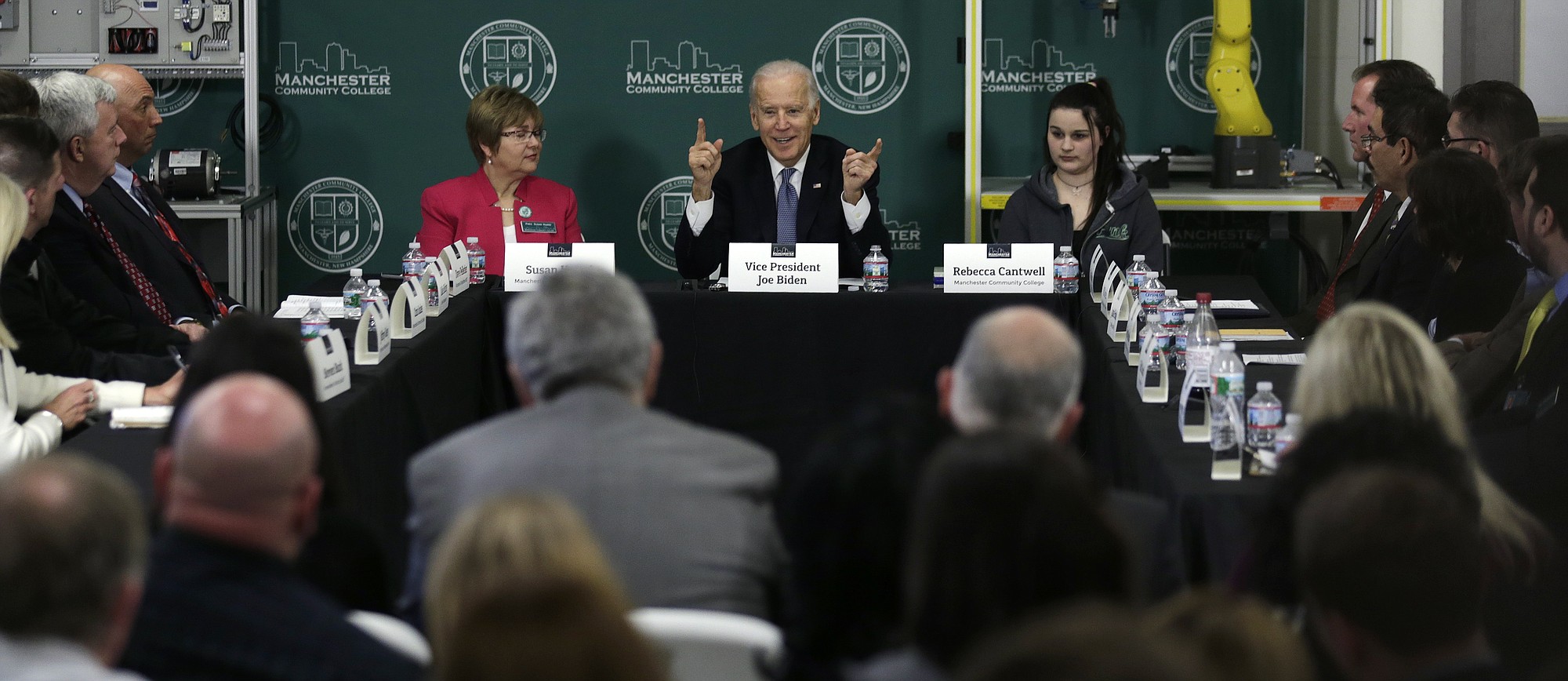 Vice President Joe Biden gestures as he addresses a gathering regarding community colleges during a visit to the Manchester Community College in Manchester, N.H., on Wednesday.