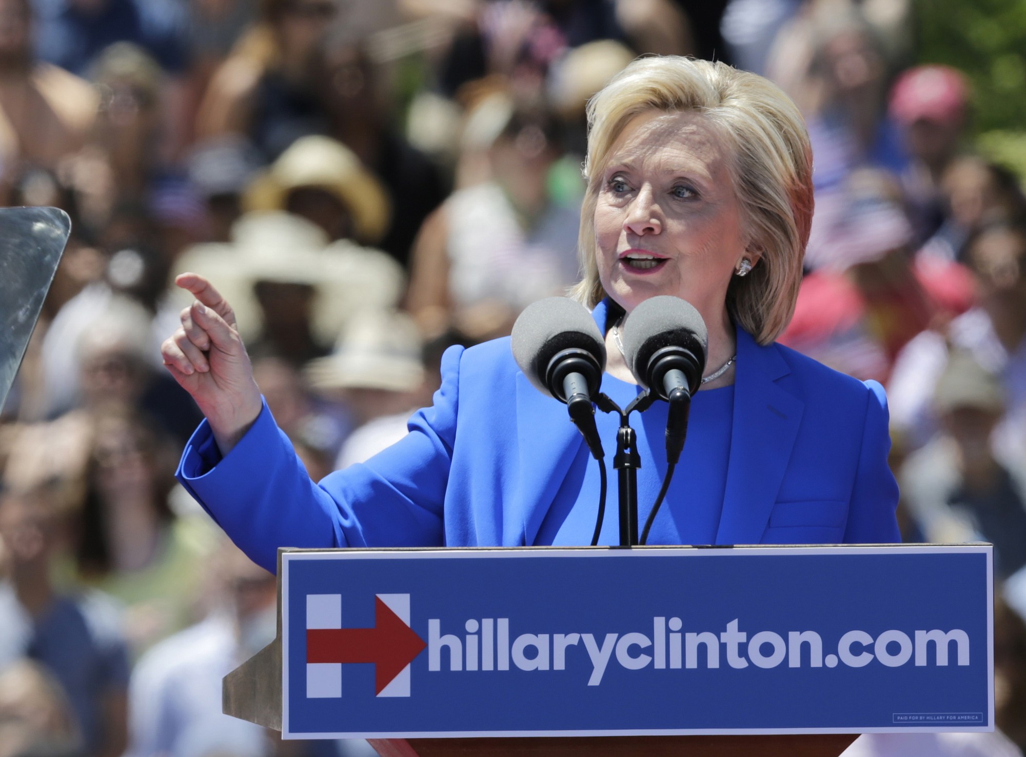 Democratic presidential candidate Hillary Clinton speaks to supporters Saturday in New York.