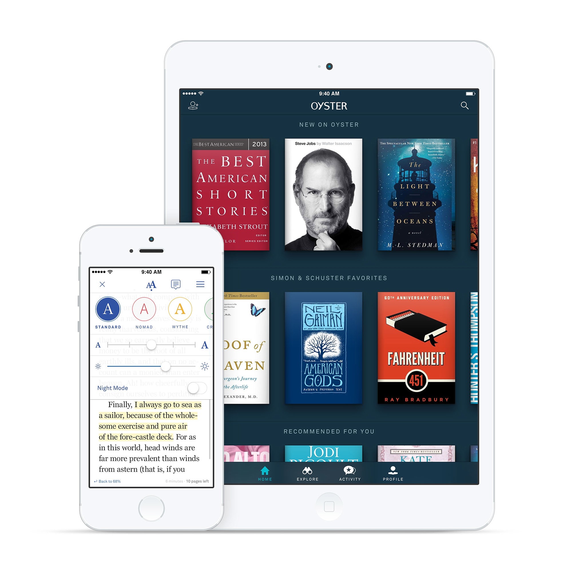 This product image provided by Oyster shows the Oyster e-book app on an iPhone, left, and iPad.