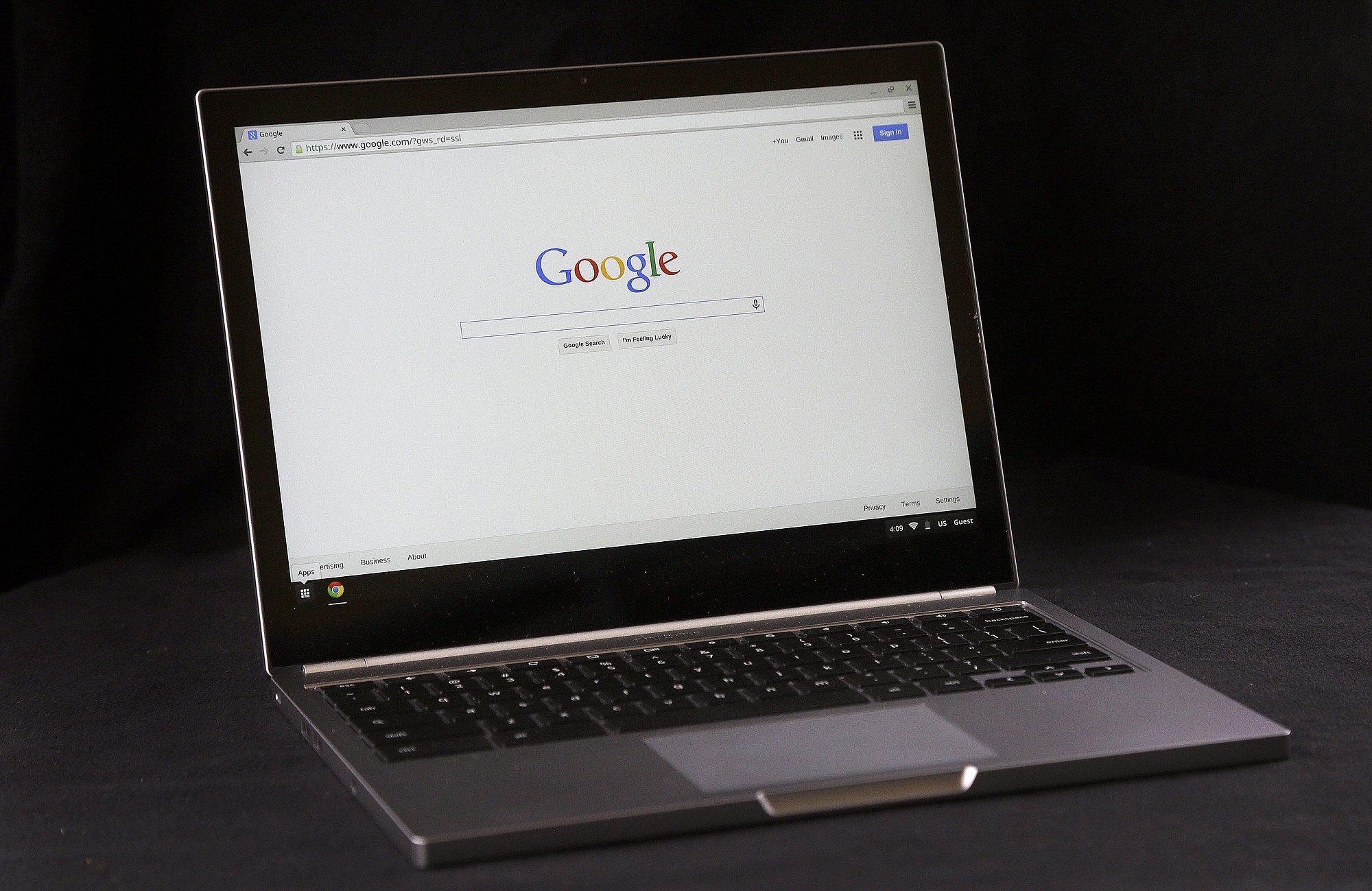 The Google home page on a Chromebook Pixel laptop.
