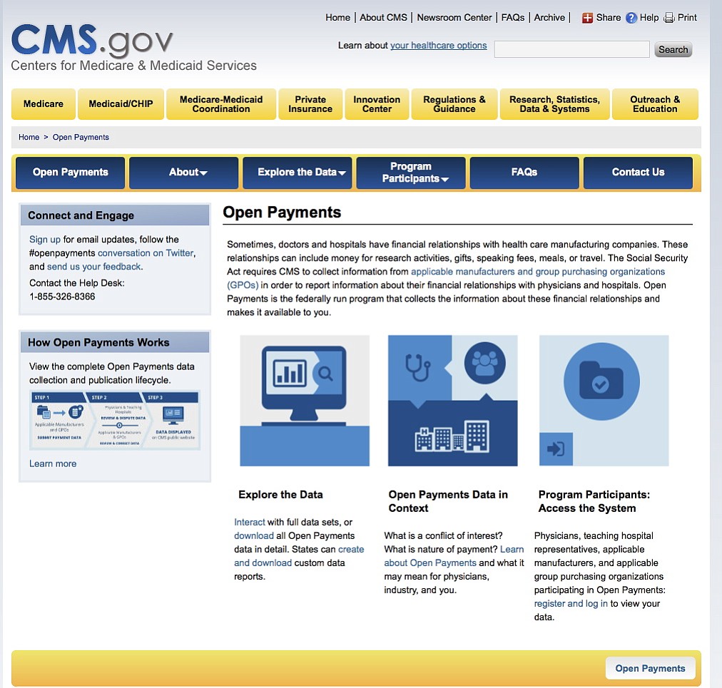 The Open Payments page of the Centers for Medicare
