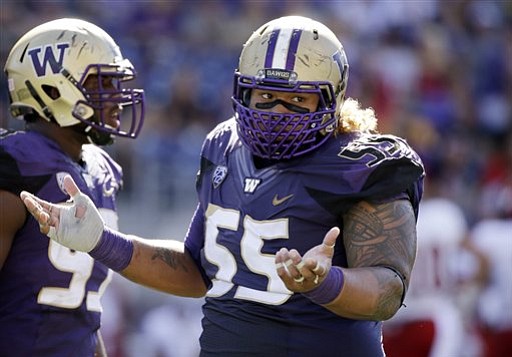 Washington Huskies defensive lineman Danny Shelton reacts after a play against Eastern Washington on Sept. 6 in Seattle.