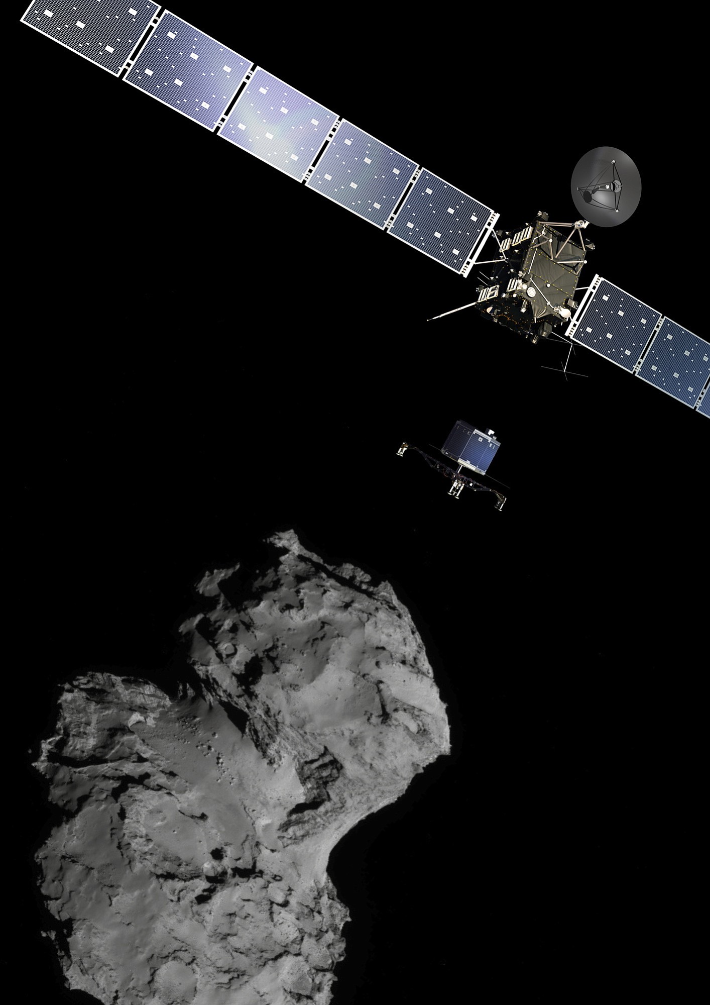European Space Agency
The Rosetta mission poster is a combination of various images to illustrate the deployment of the Philae lander to comet 67P/Churyumov?Gerasimenko from the Rosetta spacecraft.