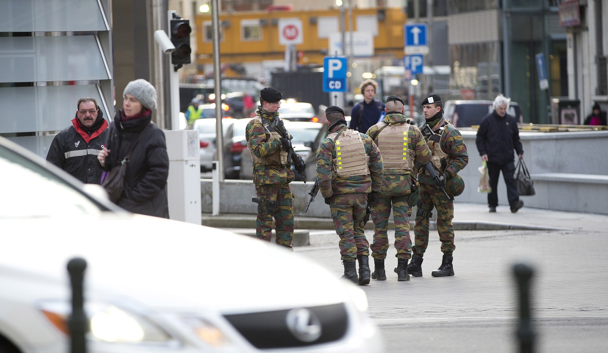 Belgian soldiers patrol Feb. 2 outside EU headquarters in Brussels.