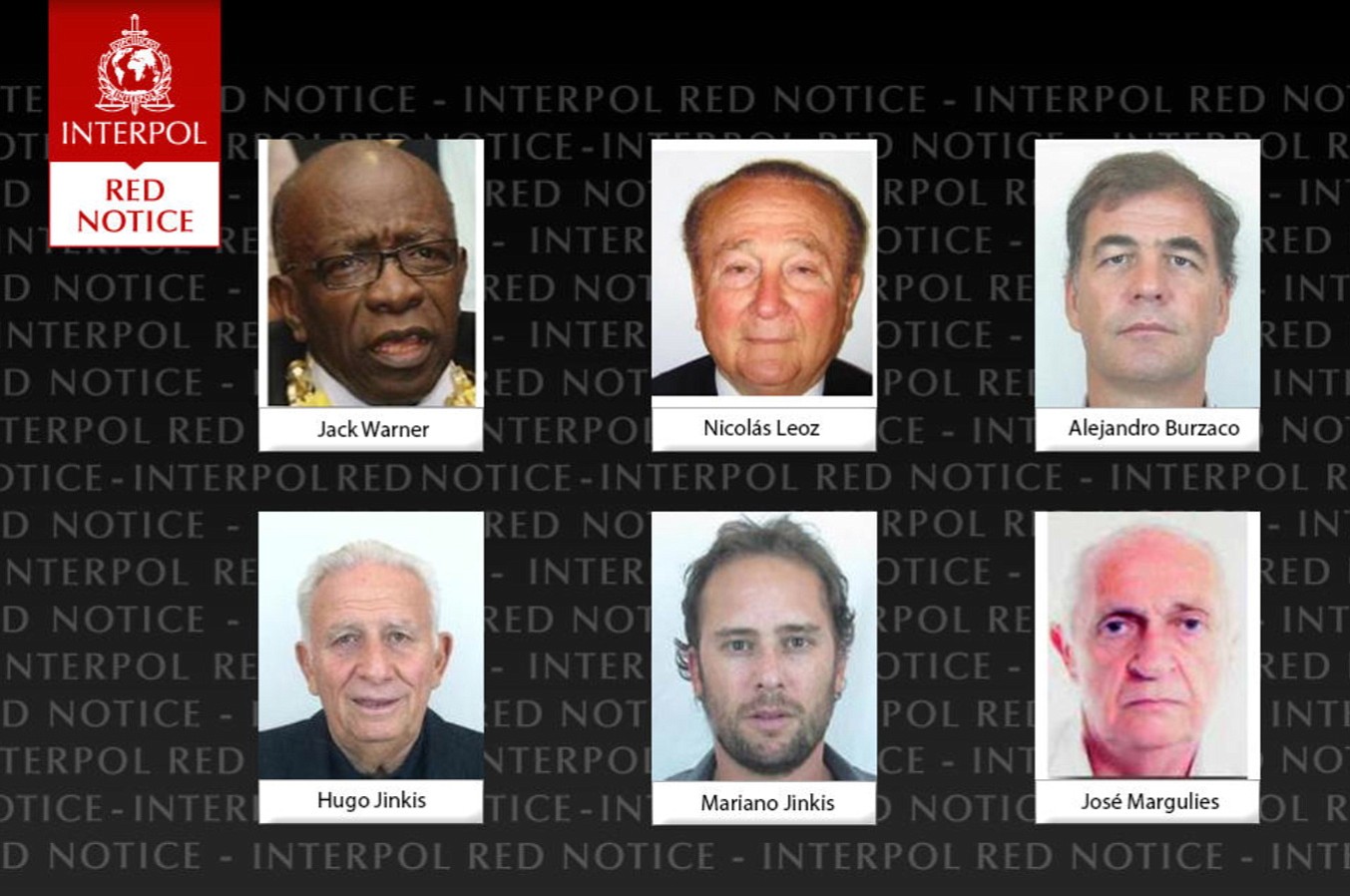 This screengrab of Interpol's website shows undated portraits of men who were added to Interpol's most wanted list on Wednesday. Top row, from left to right, are Jack Warner, Nicolas Leoz and Alejandro Burzaco. Bottom row from left are Hugo Jinkis, Mariano Jinkis and Jose Margulies. Interpol added these men with ties to FIFA to its most wanted list, issuing an international alert for the two former FIFA officials and four executives on charges including racketeering and corruption.