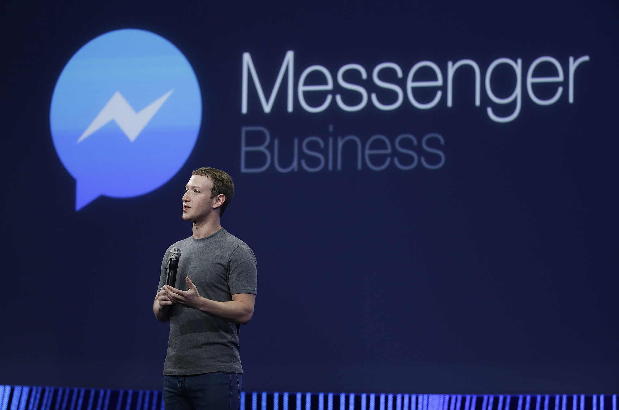 CEO Mark Zuckerberg talks about the Messenger app during the Facebook F8 Developer Conference on Wednesday in San Francisco.