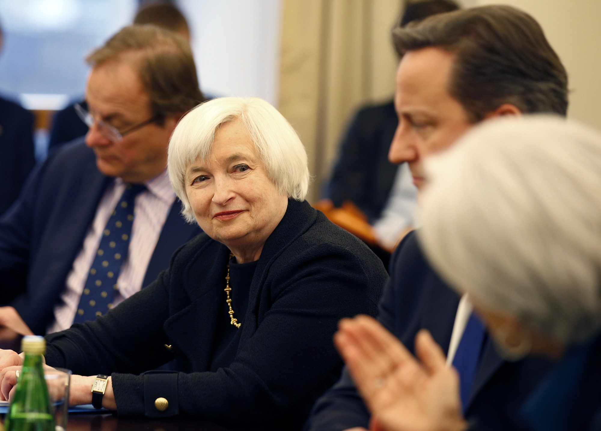 Federal Reserve Chair Janet Yellen, center, attends an International Monetary Fund meeting Jan.