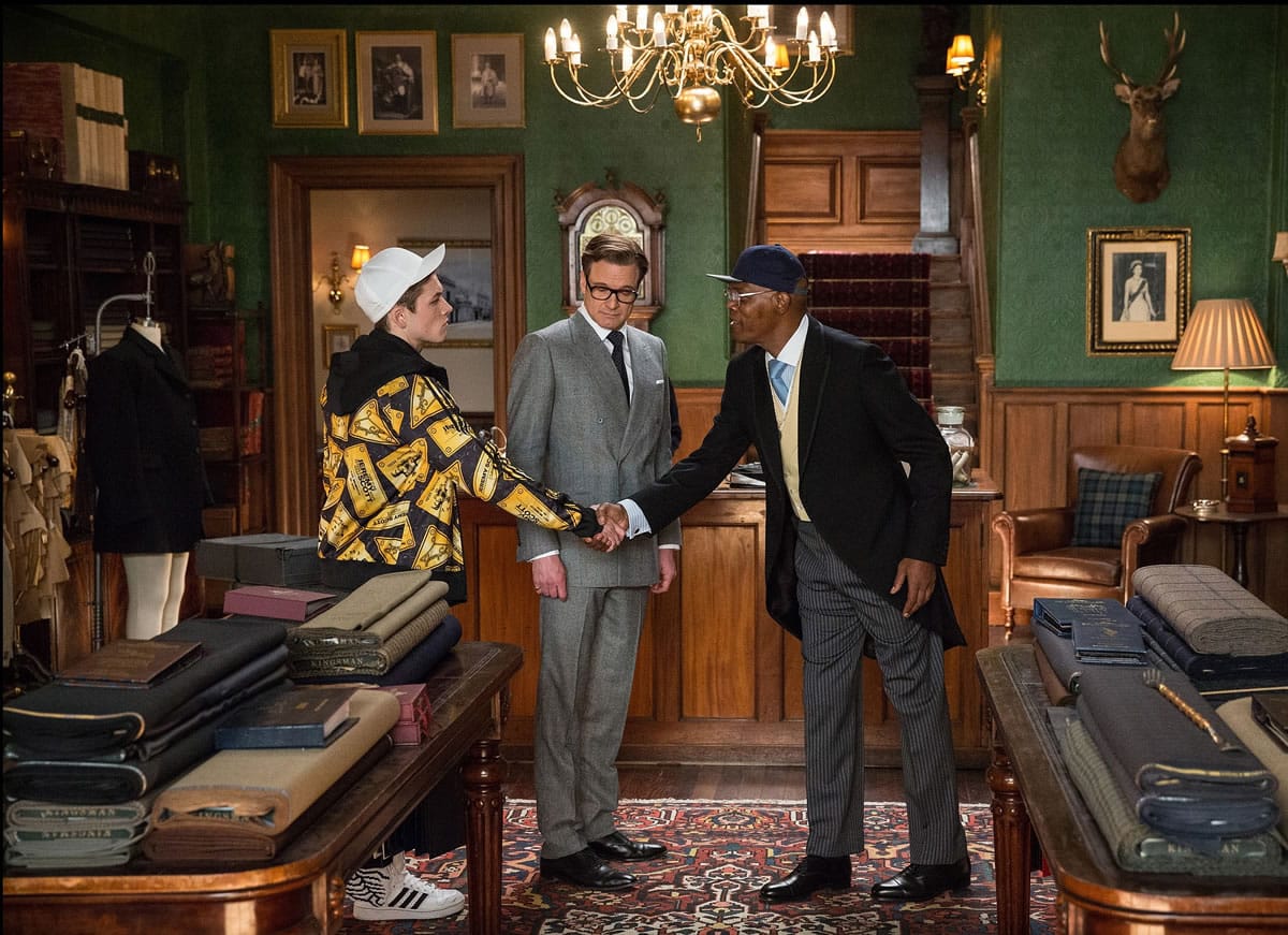 Taron Egerton, from left, Colin Firth and Samuel L.