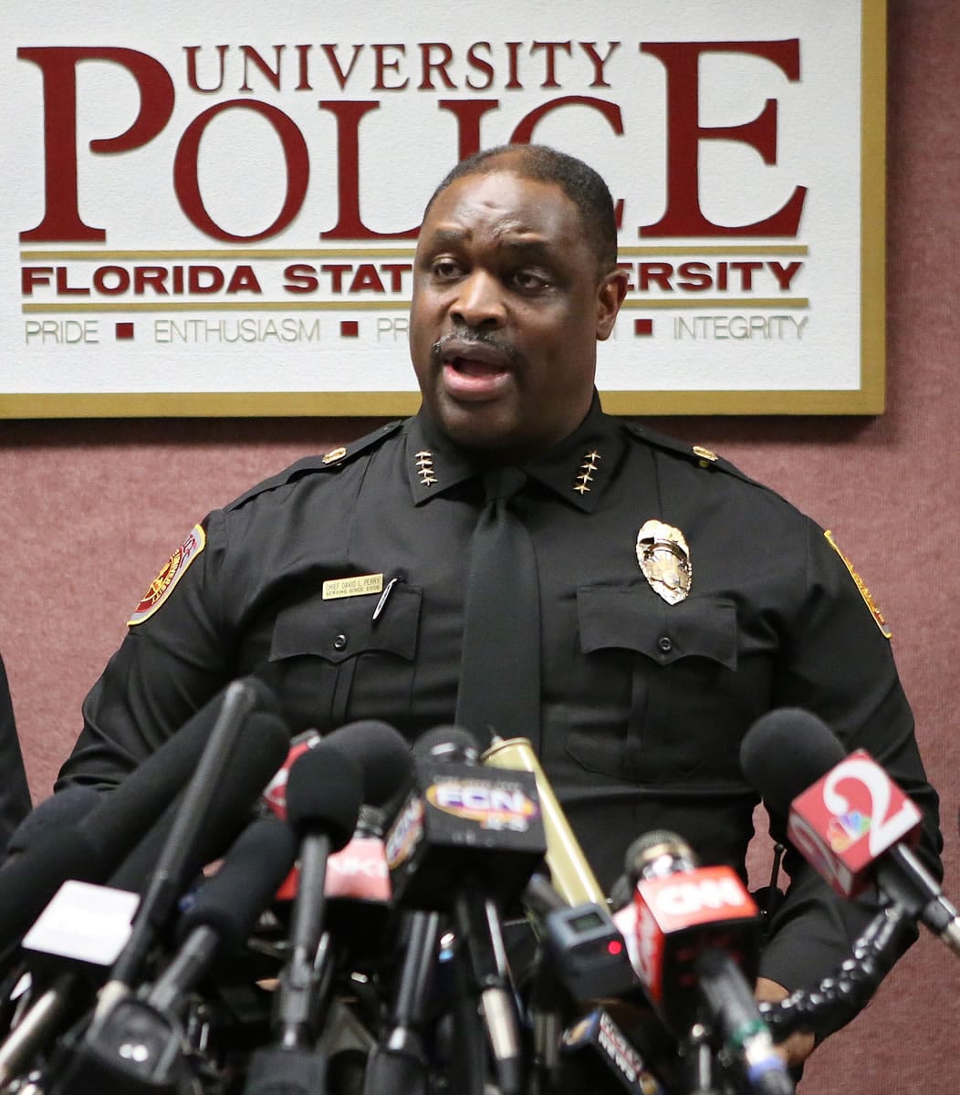 Florida State University police chief David Perry speaks at a news conference concerning the on-campus shooting on Thursday in Tallahassee, Fla.
