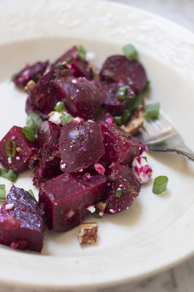 Roasted Beets with Orange Vinaigrette, Pecans and Goat Cheese