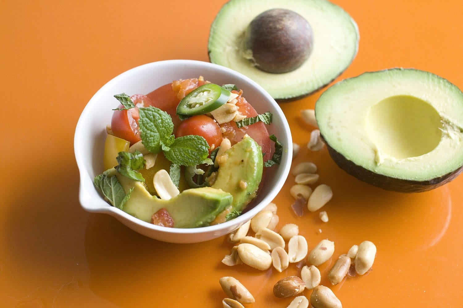 Tomato and Avocado Salad With Gingered Tomato Vinaigrette and Toasted Peanuts
