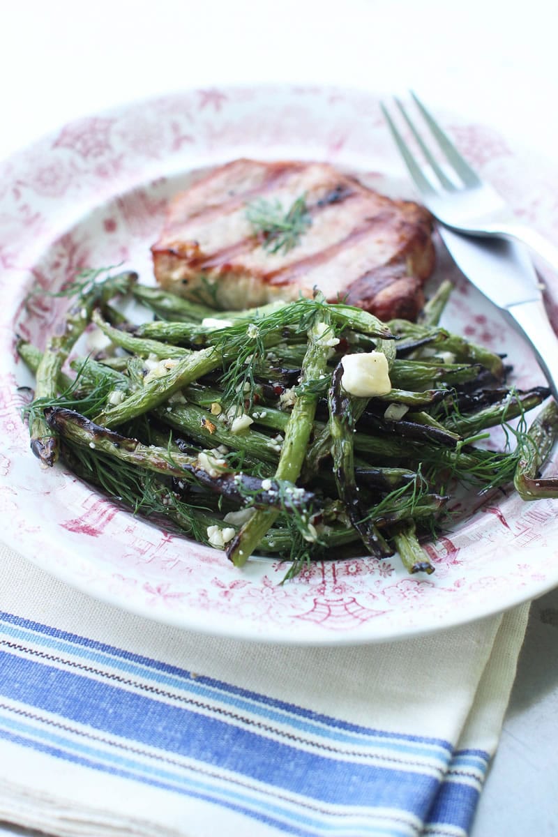 Grilled green beans with honey, feta and dill.