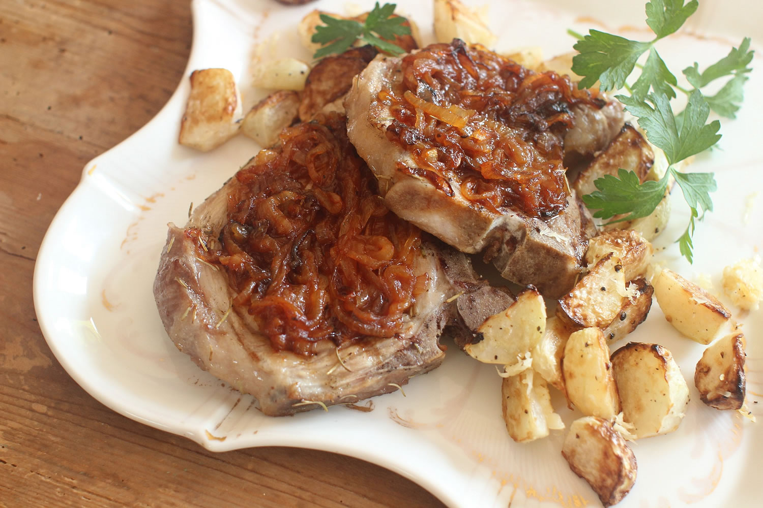 Beer-brined pork chops with barbecued onions