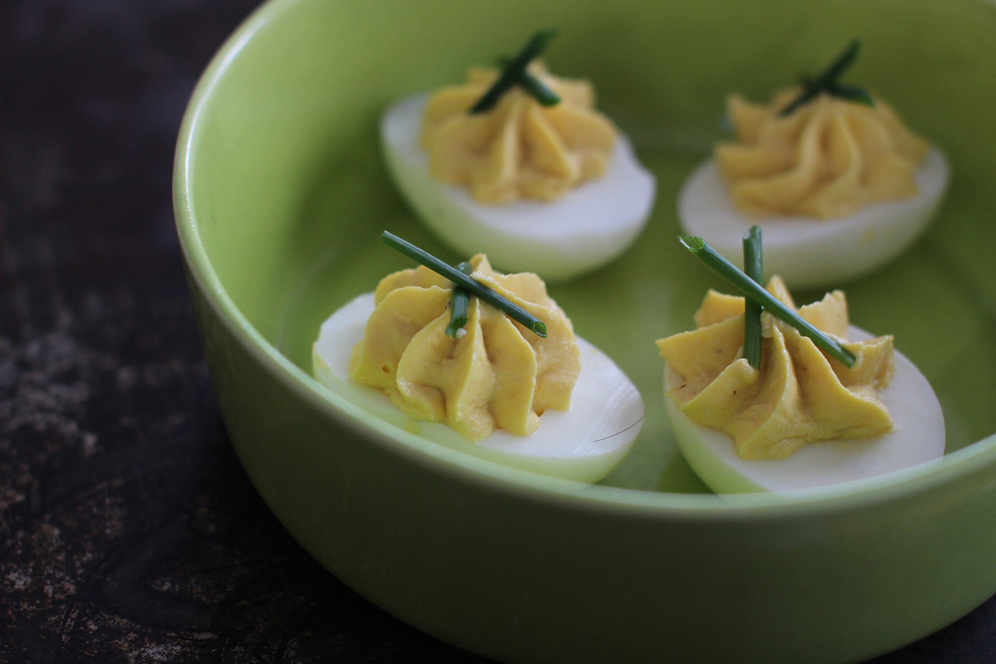 Dress up deviled eggs for an Oscar night viewing party by boiling the eggs properly and sparkle up the usual filling. And voila!