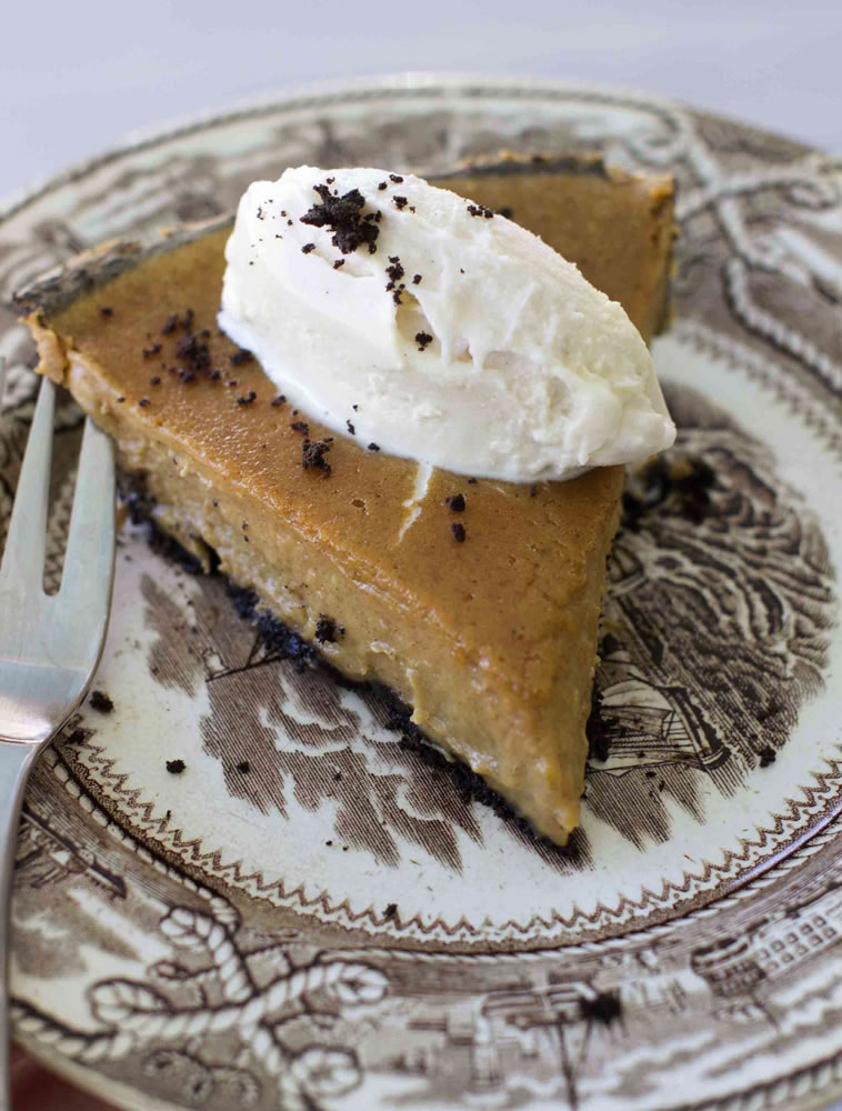 Ultra-Creamy Pumpkin Pie has a chocolate crumb pie crust, but the filling will work wonderfully in any crust.