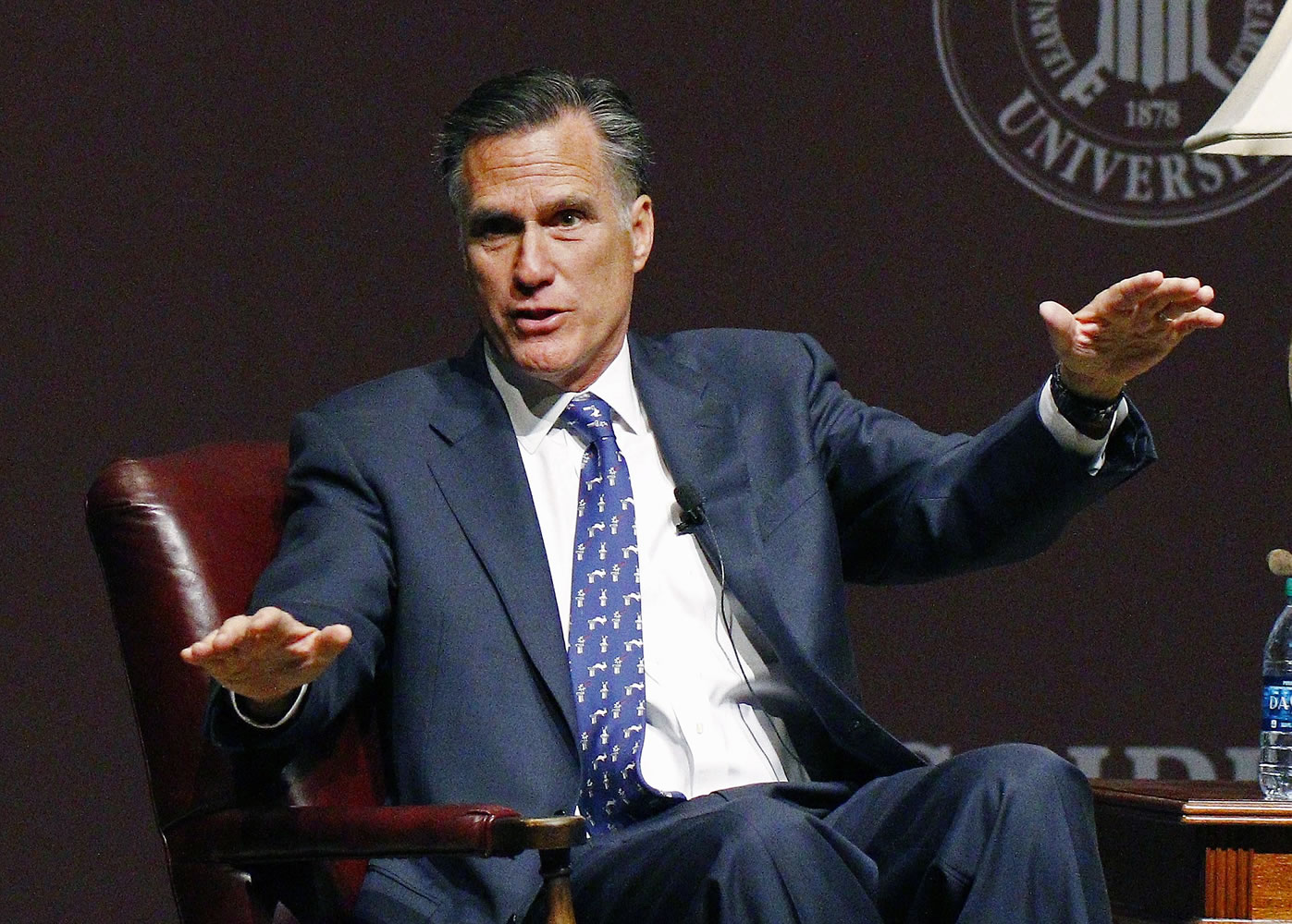 Former GOP presidential candidate Mitt Romney speaks at Mississippi State University in Starkville, Miss.