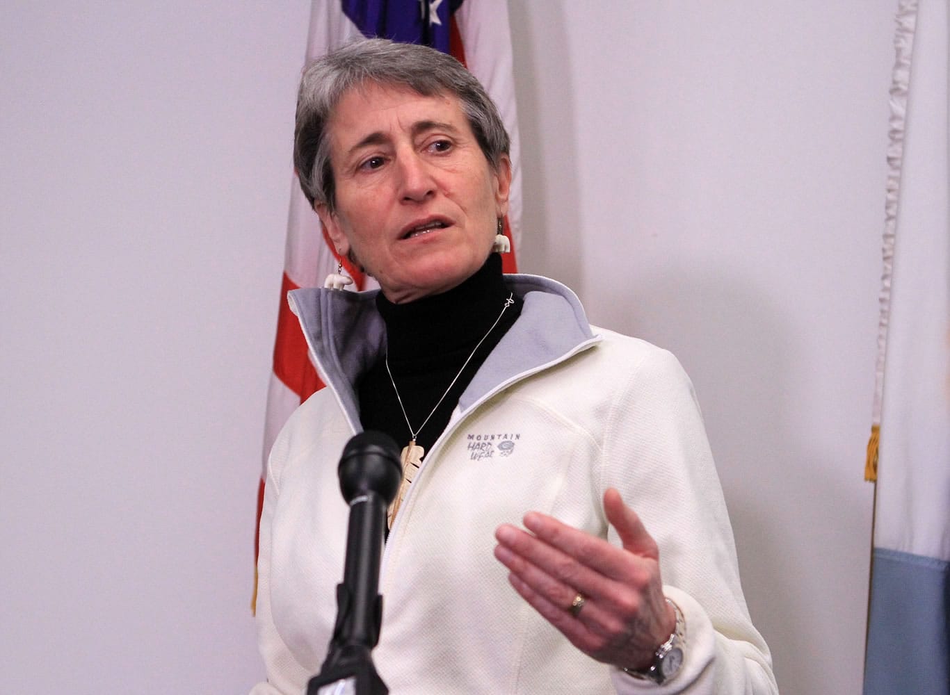 FILE - In this Feb. 17, 2015 file photo, Interior Secretary Sally Jewell speaks in Anchorage, Alaska. The Obama administration is requiring companies that drill for oil and natural gas on federal lands to disclose chemicals used in hydraulic fracturing operations. A final rule released Friday also updates requirements for well construction and disposal of water and other fluids used in fracking, a drilling method that has prompted an ongoing boom in natural gas production.