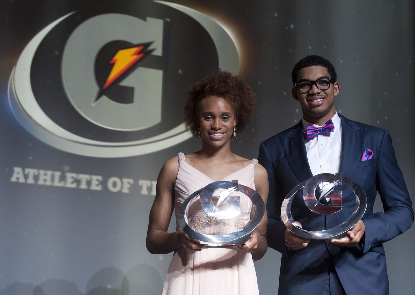 Photo courtesy of Gatorade
Karl Towns Jr., right, and Brianna Turner were named the Gatorade National High School Athletes of the Year. Towns, from Metuchen, N.J., is headed to Kentucky to play basketball. Turner, from Manvel, Texas, is headed to Notre Dame to play basketball this fall.