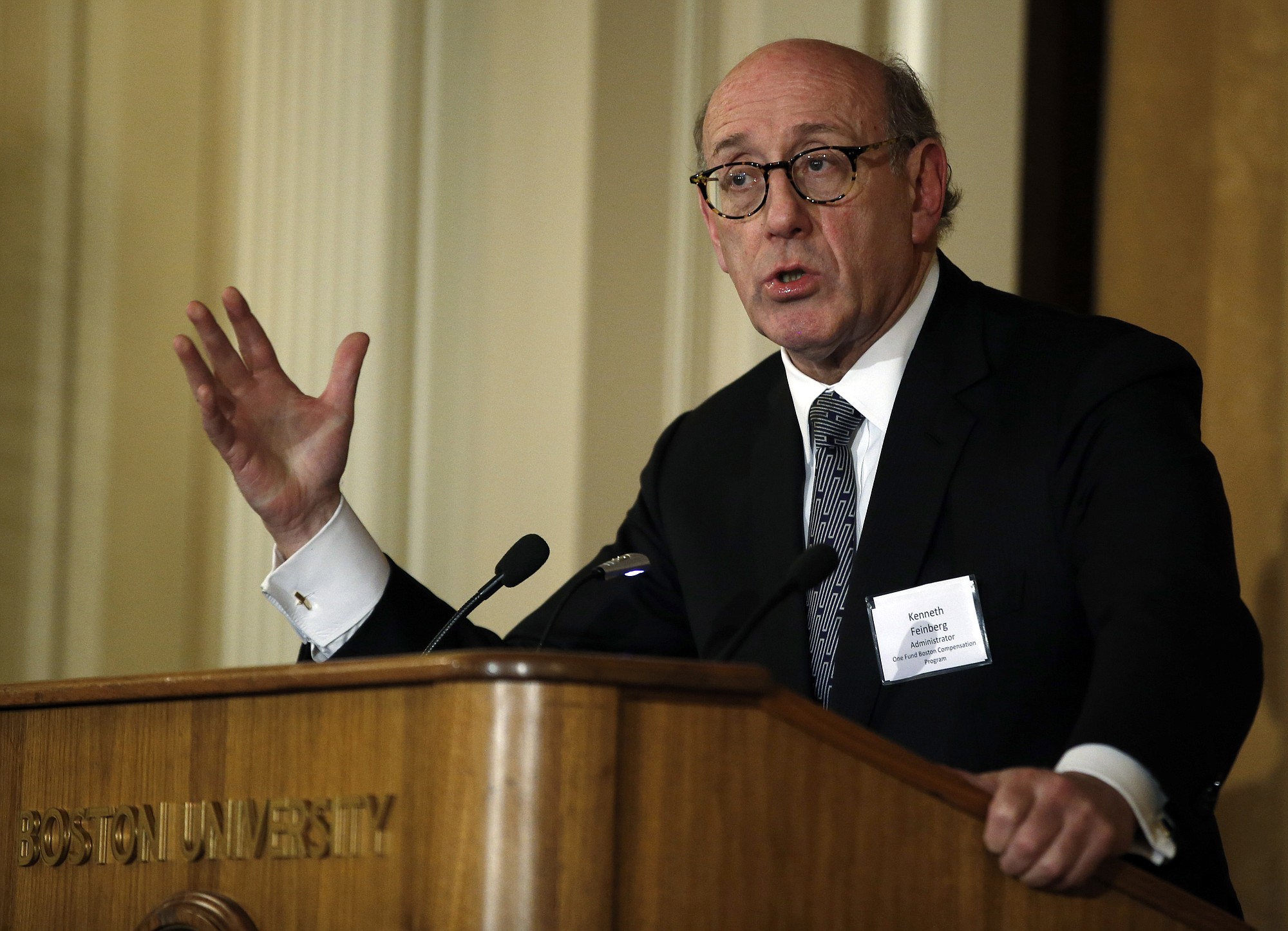 Kenneth Feinberg, administrator of the One Fund Boston Compensation Program, speaks at a forum at Boston University in Boston.