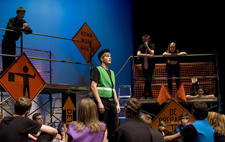 Kole Ryan, center, plays Green Team Leader in a dress rehearsal of the Christian Youth Theater production of Godspell at Washougal High School on Wednesday May 26, 2010.