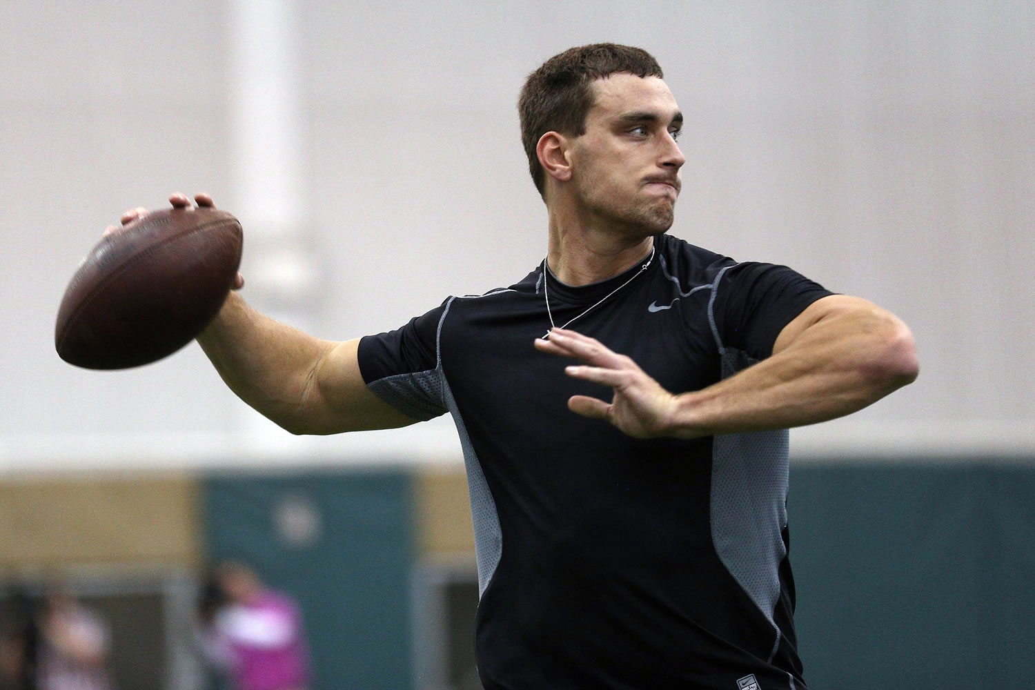 Garrett Grayson throws at his pro day workout Monday, March 23, 2015, at Colorado State in Fort Collins, Colo.