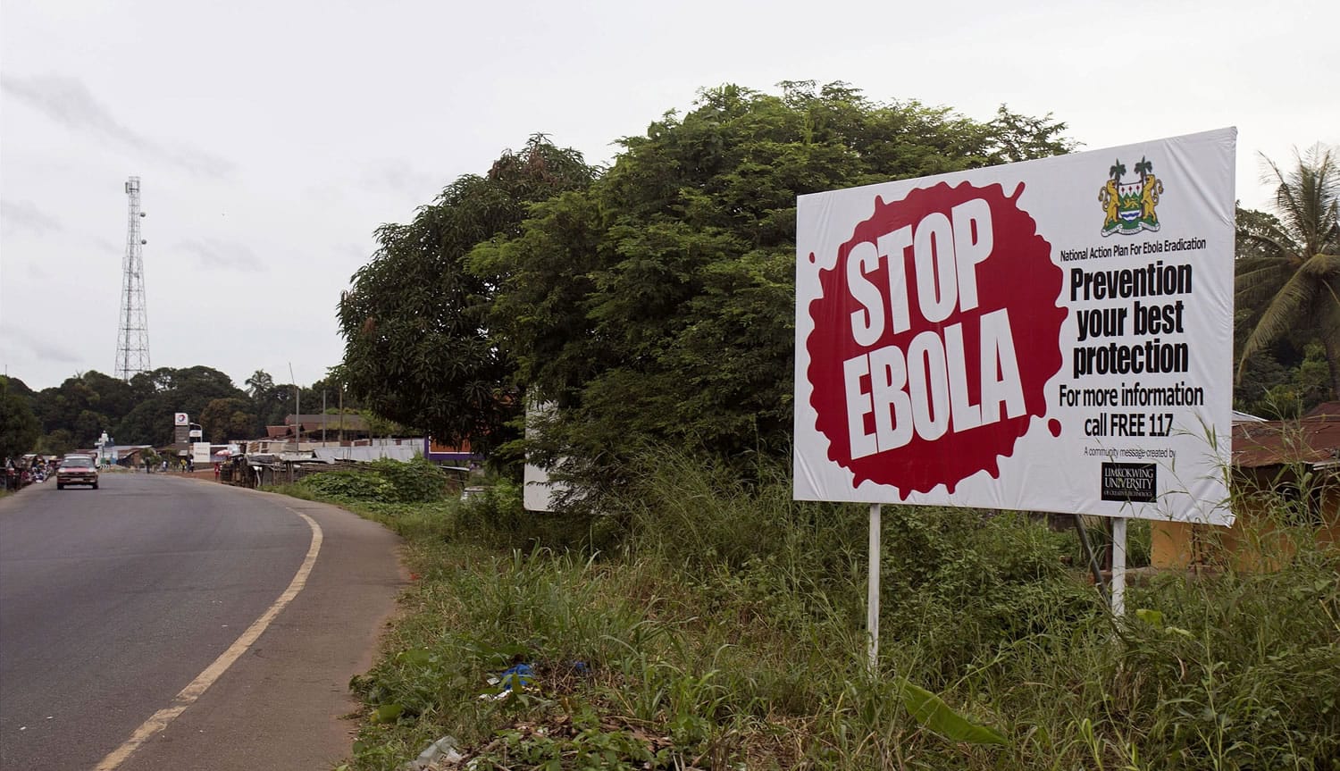 A billboard reading &quot;Stop Ebola&quot;  is seen on the outskirts of Conakry, Guinea, along the highway that links all West African states.