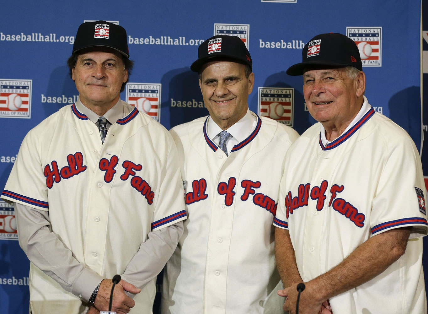 From left, former managers Tony La Russa, Joe Torre and Bobby Cox. All three will be inducted into the Hall of Fame today.