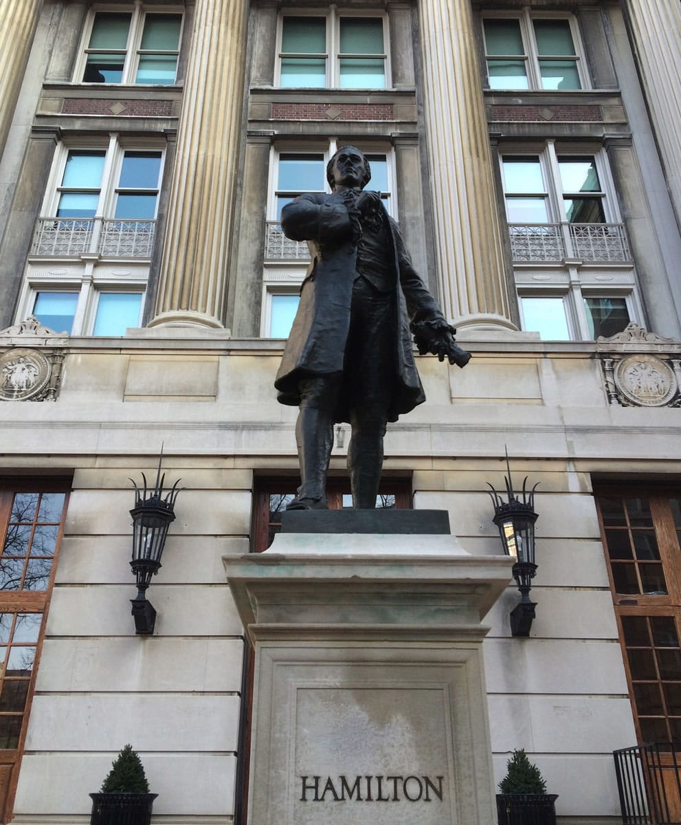 A statue of Alexander Hamilton outside Hamilton Hall on the campus of Columbia University in New York City.