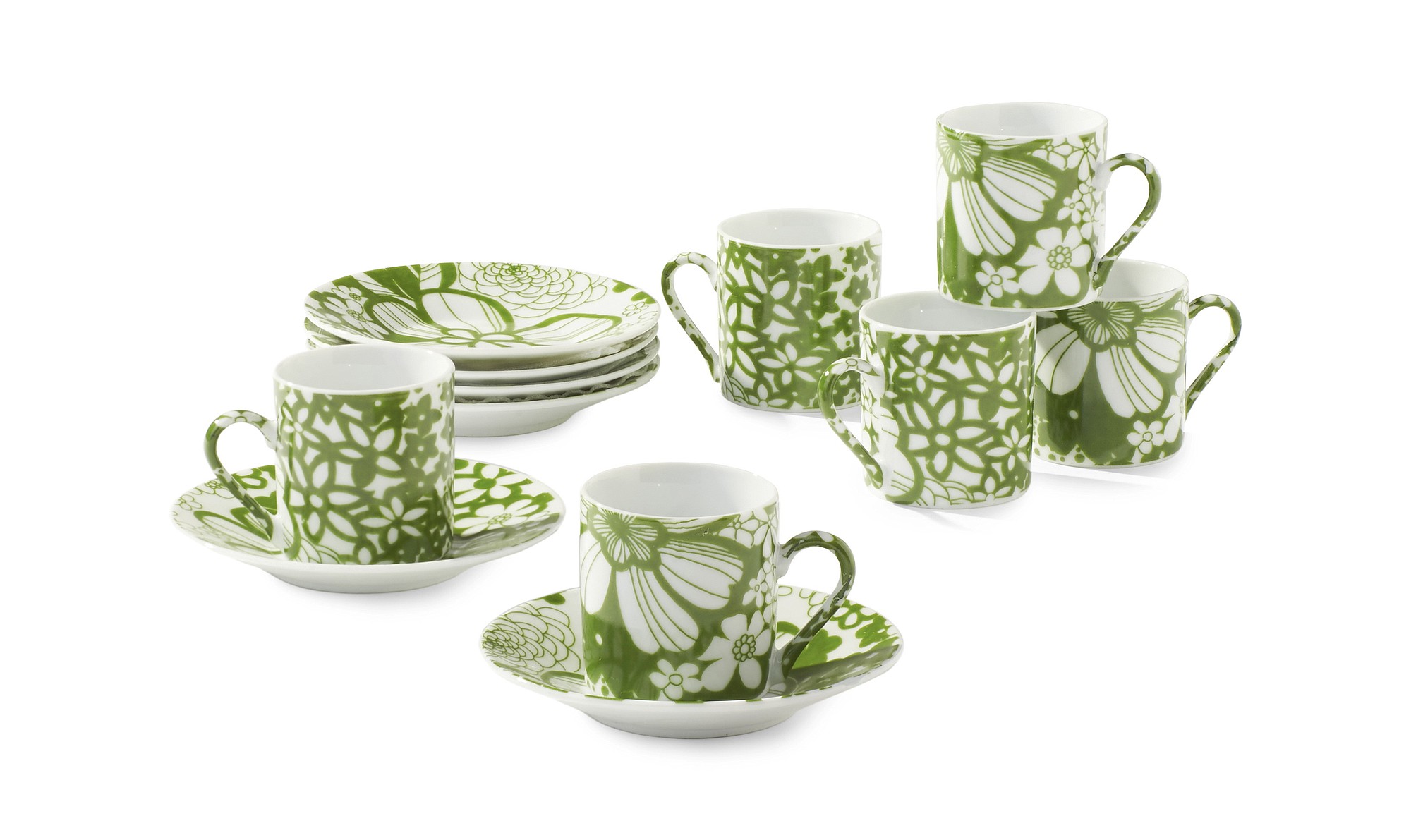 This undated photo provided by HomeGoods shows fresh green and white hues in a floral print that make this demitasse set from HomeGoods a pretty addition to a home?s chinaware collection.