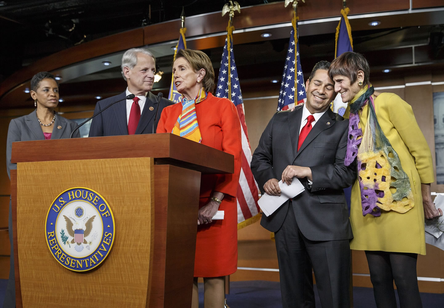 House Minority Leader Nancy Pelosi, D-Calif., center, announces her choice of Rep. Ben Ray Lujan, D-N.M., second from right, to take over as head of the Democratic Congressional Campaign Committee from Rep. Steve Israel, D-N.Y., second from left, during a news conference at the Capitol in Washington on Monday. Rep. Donna Edwards, D-Md., far left, just elected to a fourth term, will become co-chair of the House Democrats? Steering and Policy Committee with Rep. Rosa DeLauro, D-Conn., far right, who congratulates Lujan.