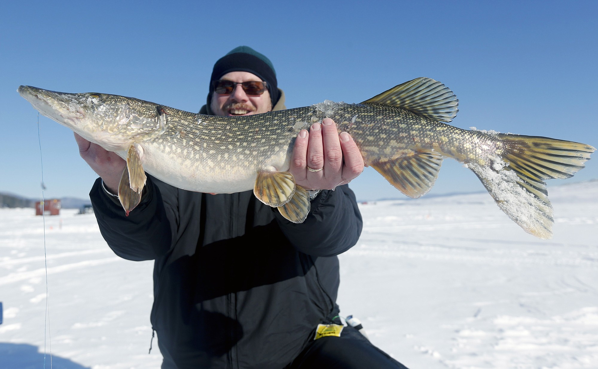 Associated Press files
Bruce Gollmer of Niskayuna, N.Y., holds a northern pike he caught while ice fishing Jan. 31 on Great Sacandaga Lake in Mayfield, N.Y.