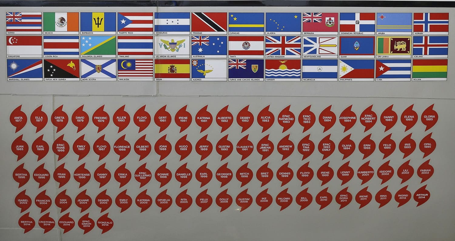 Stickers of countries visited and storms inspected are shown on the National Oceanic and Atmospheric Administration's P-3 turboprop aircraft &quot;Miss Piggy&quot; Friday, May 15, 2015, at MacDill Air Force Base in Tampa, Fla. While best known as ?hurricane hunters,? NOAA?s four-engine WP-3D turboprops support a wide variety of national and international meteorological, oceanographic, and environmental research and monitoring programs in addition to hurricane research and reconnaissance.