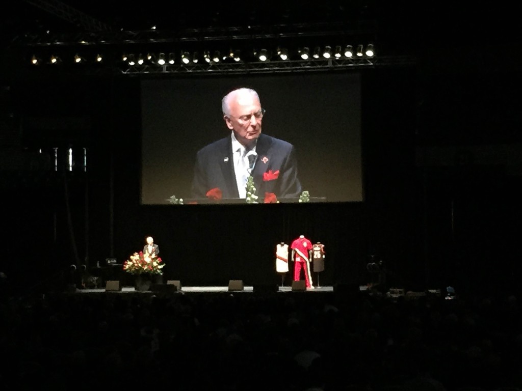 Bill Schonely speaks during a memorial service for former Portland Trail Blazer Jerome Kersey on Monday, March 2, 2015, at the Memorial Coliseum in Portland.