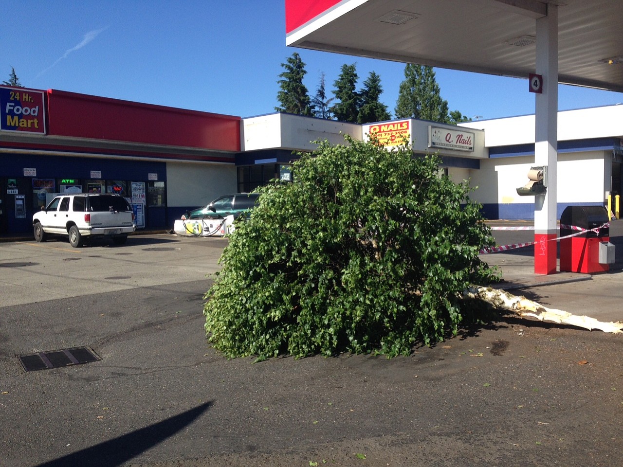 Downed bushes and caution tape mark the spot of a chain-reaction accident at a Vancouver gas station this morning.