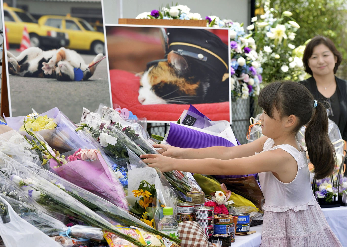 A girl lays bouquets of flowers Sunday at an altar especially set up for a funeral of Tama, a cat stationmaster, in Kinokawa City, Wakayama Prefecture, western Japan.