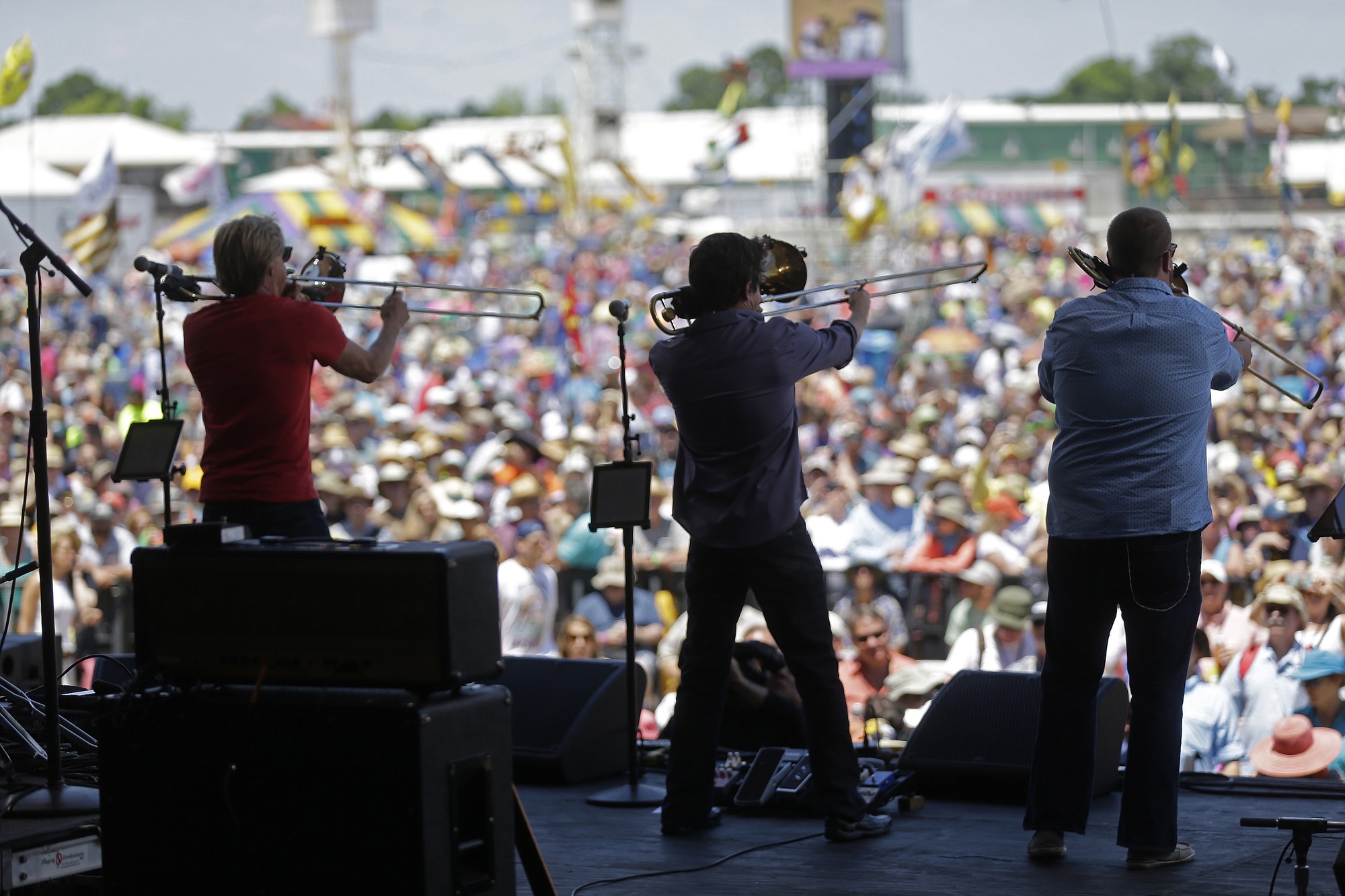 The band Bonerama performs Thursday at the New Orleans Jazz and Heritage Festival in New Orleans.