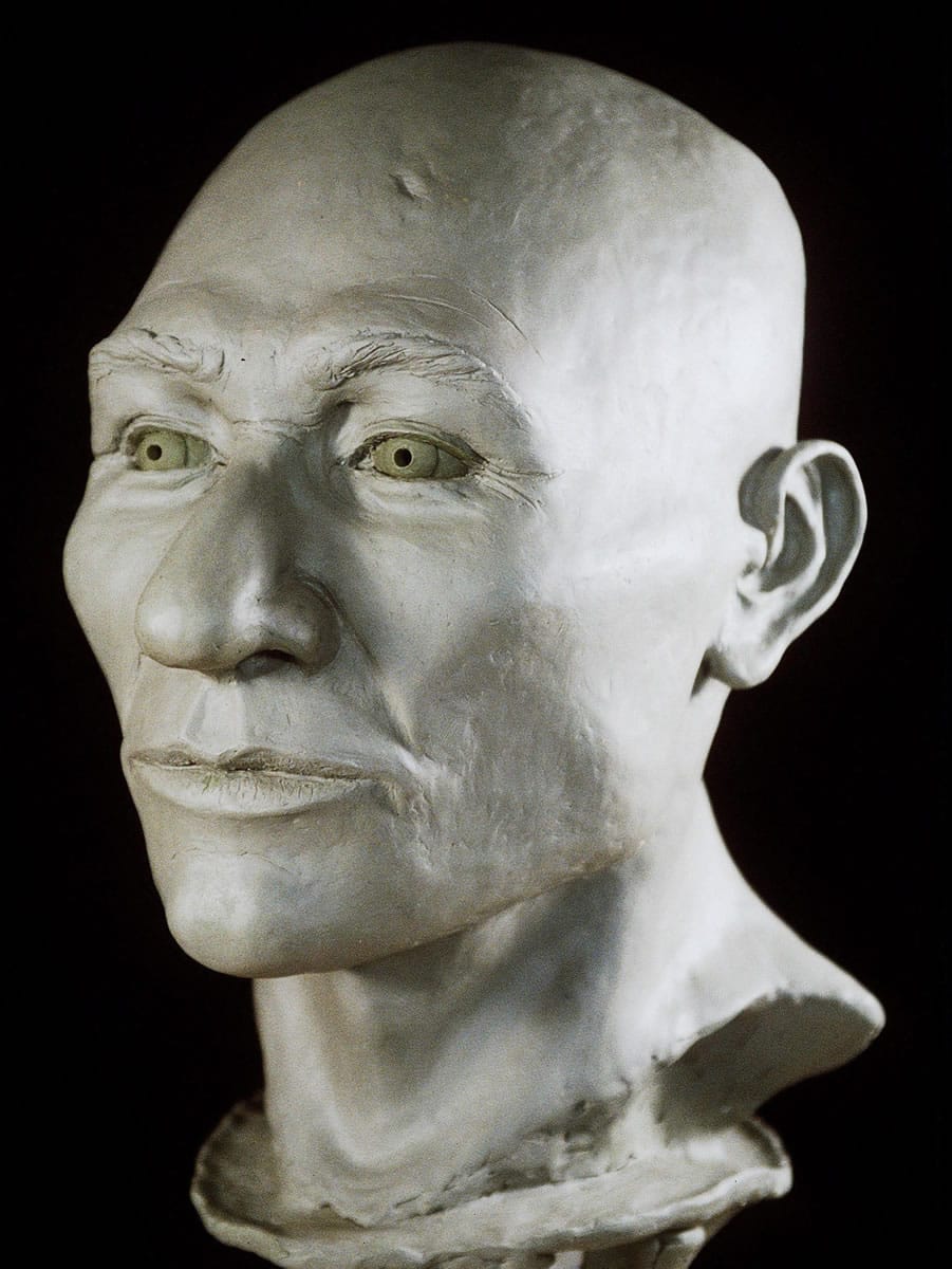 In this photo provided by Perfect Image, a clay model of the head of Kennewick Man, based on a 9,500-year-old skull found in July 1996 in a park along the Columbia River in south-central Washington, is shown at Columbia Basin College, in Richland.