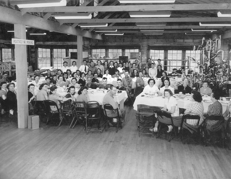 Vancouver Barracks laundry workers enjoy a Christmas party and meal in 1942.