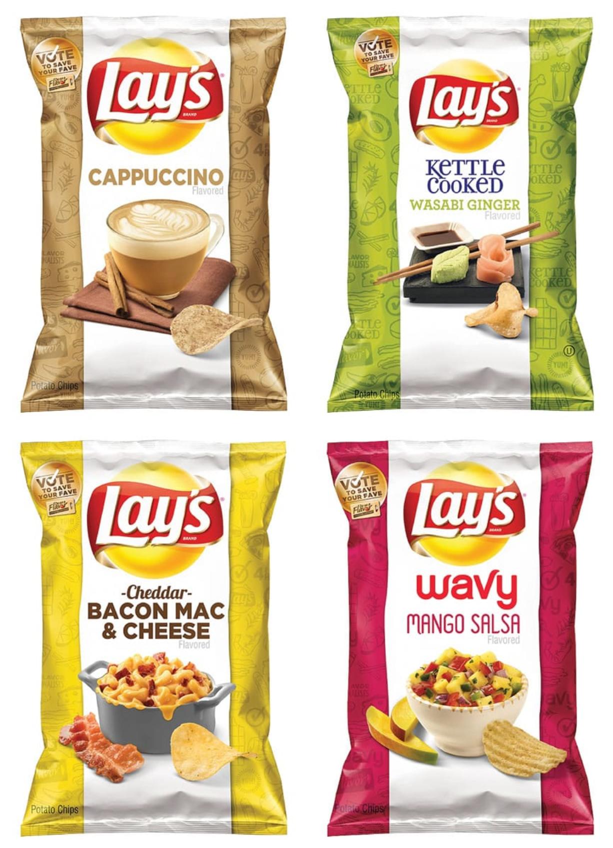 Frito-Lay
The finalists for Frito-Layu2019s u201cDo Us a Flavoru201d contest in the U.S., which gives people a chance to create a new potato chip that is sold nationally and win $1 million, are, clockwise from top left, Cappuccino, Wasabi Ginger, Mango Salsa and Bacon Mac &amp; Cheese.