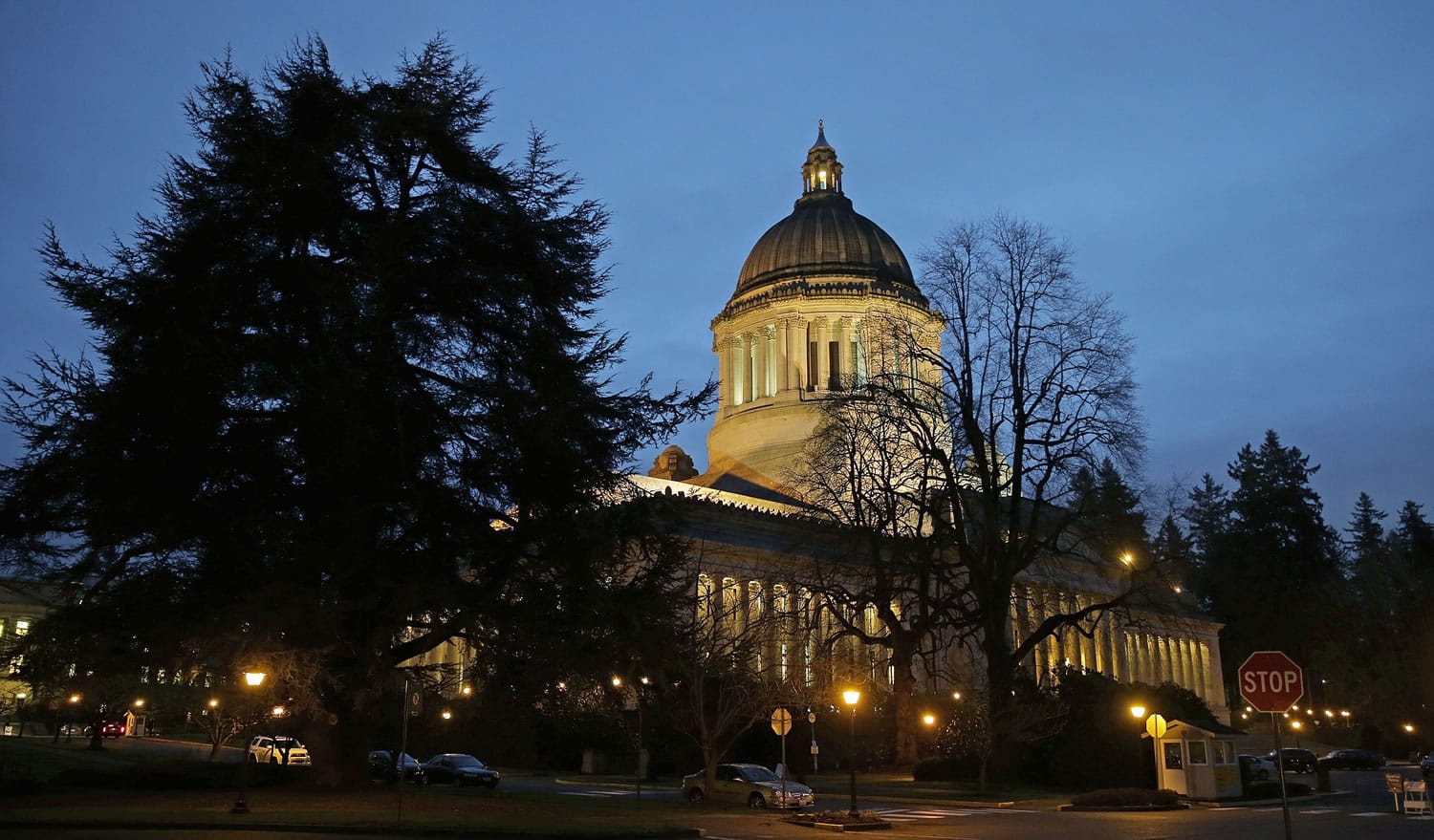 The Legislative building at the Washington state Capitol is shown at dusk Jan.