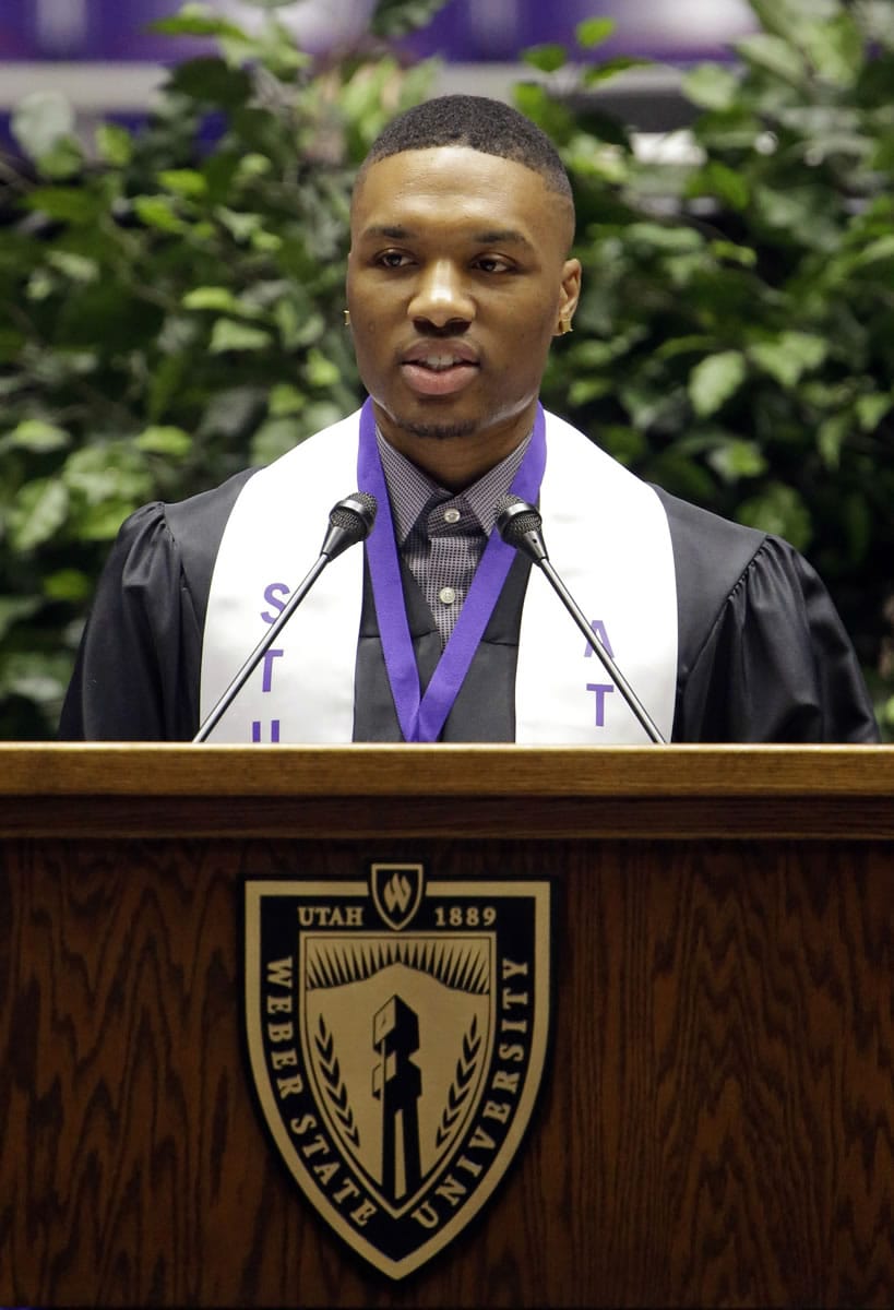 Portland Trail Blazers point guard Damian Lillard speaks during Weber State;s commencement exercises Friday, May 1, 2015, in Ogden, Utah.
