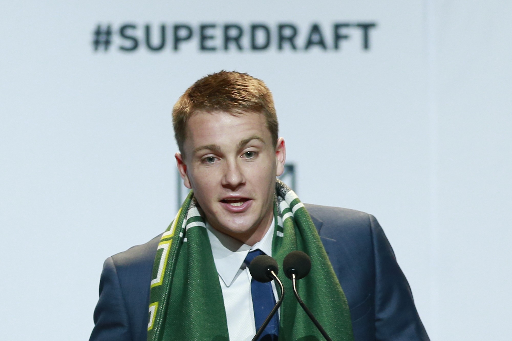 Nick Besler speaks after being selected by the Portland Timbers in the first round of the 2015 Major League Soccer SuperDraft, Thursday, Jan. 15, 2015, in Philadelphia.