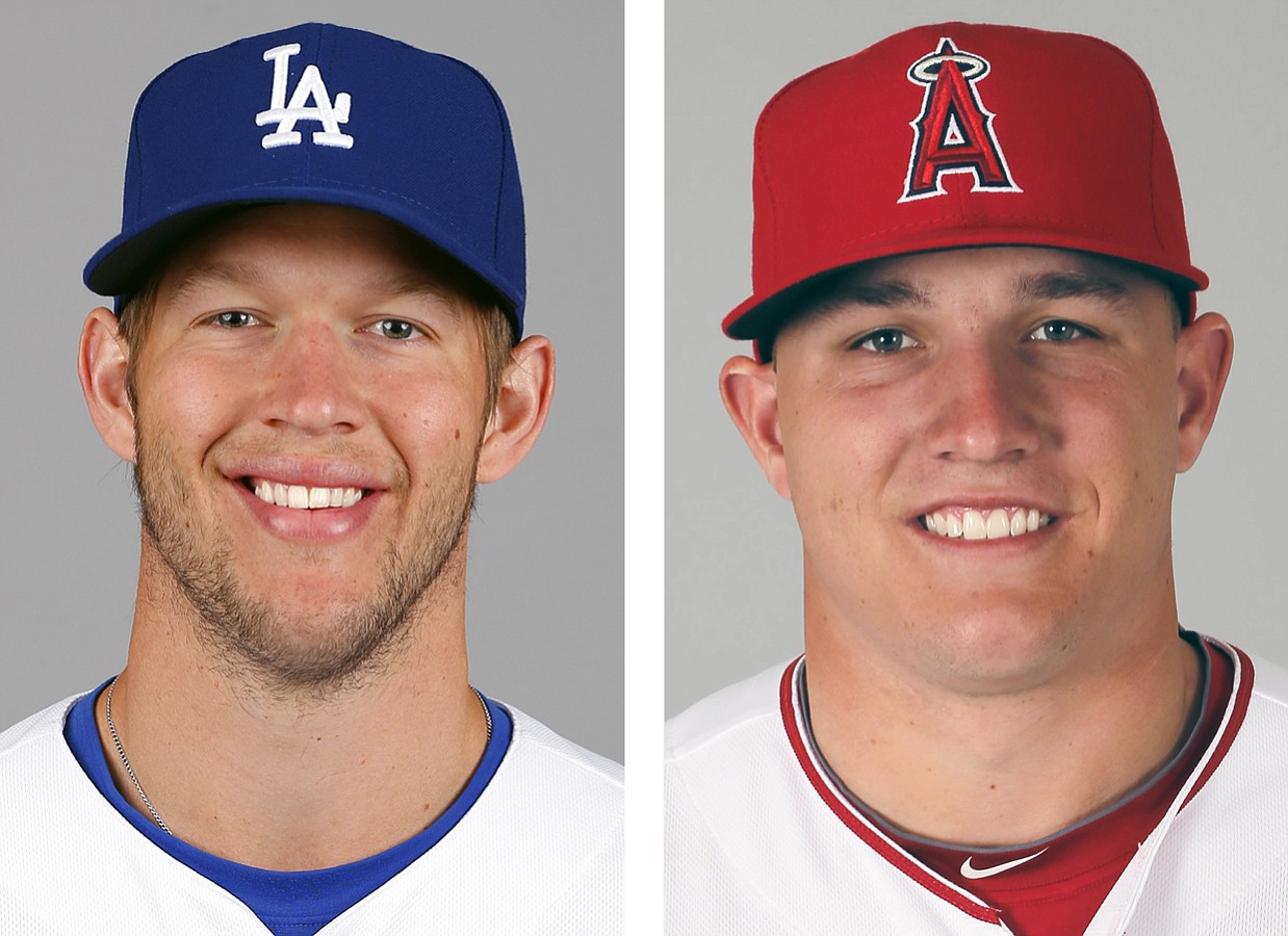 Los Angeles Dodgers Clayton Kershaw, left, and Los Angeles Angels' Mike Trout.