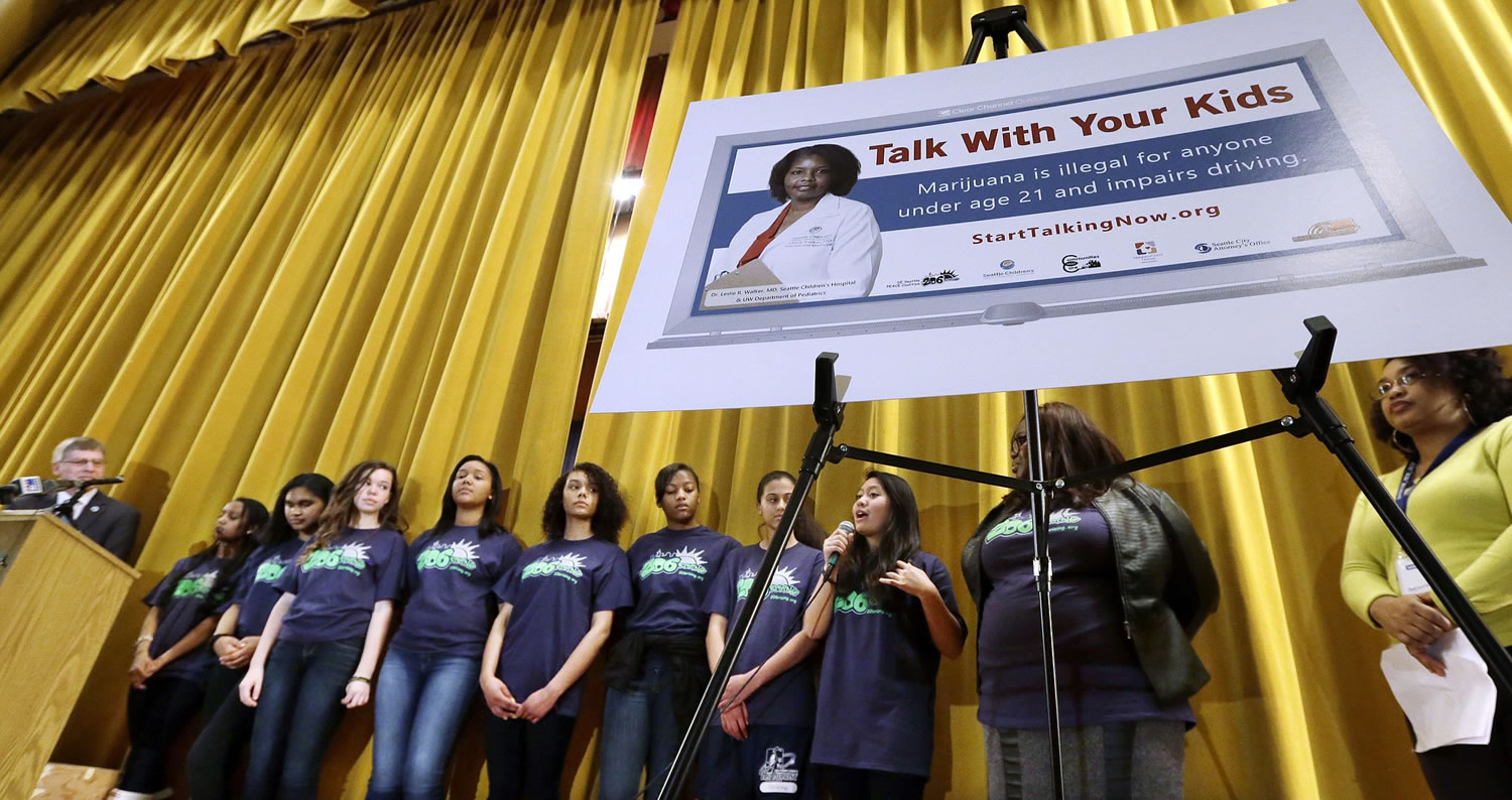 Middle school children take turns speaking during a presentation of a new citywide effort to preventing the use of marijuana and other drugs by teens Wednesday in Seattle.