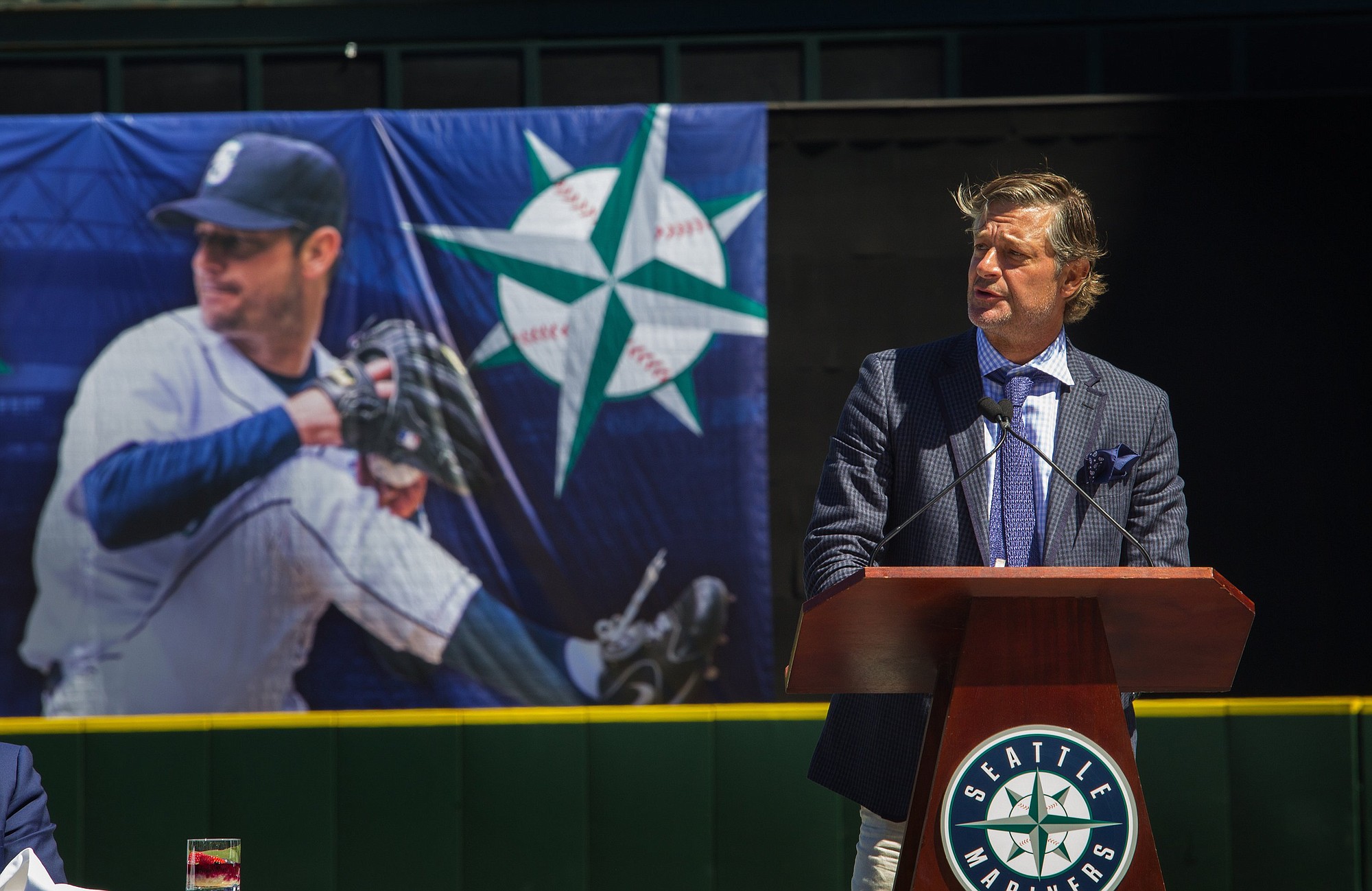 Jamie Moyer speaks at Safeco Field on Friday, Aug. 7, 2015, in Seattle, during a luncheon to celebrate his upcoming induction to the Mariners Hall of Fame, scheduled for Saturday. (Ellen M.